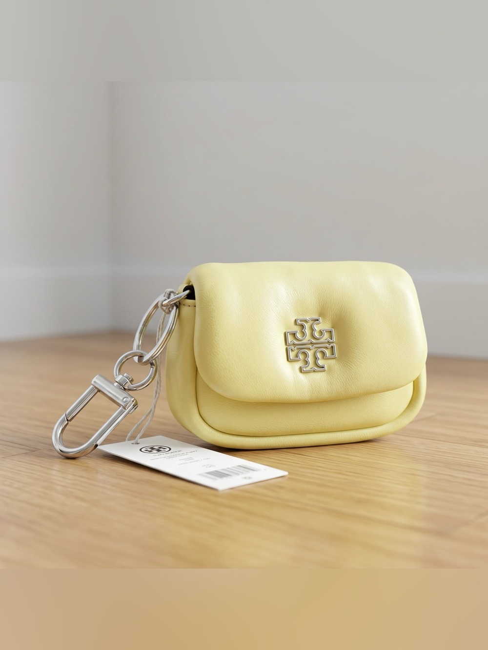 TORY BURCH Britten Puffy Leather Micro Bag Keychain Card Case Pouch Yellow